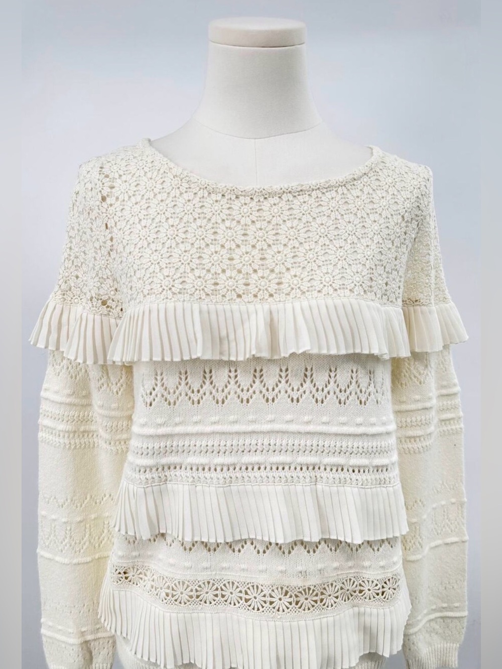 Sezane Ivory Tillia Crocheted Lace Ruffle Sweater Cotton Blend Pullover S